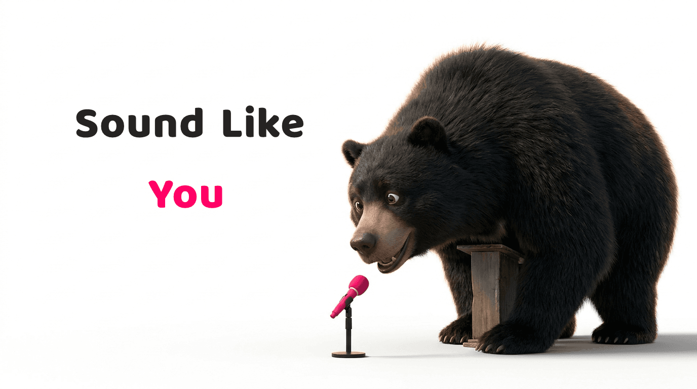 Karbon Copy illustration of a large black bear leaning down to a small pink microphone at a lectern, from a bilingual Hong Kong copywriting agency, on hiring a speechwriter.