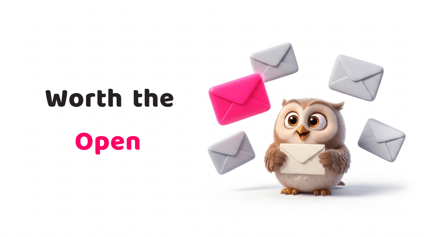 Karbon Copy illustration of a friendly owl holding an envelope among floating mail with one bright pink envelope, from a Hong Kong copywriting agency on writing emails worth opening.