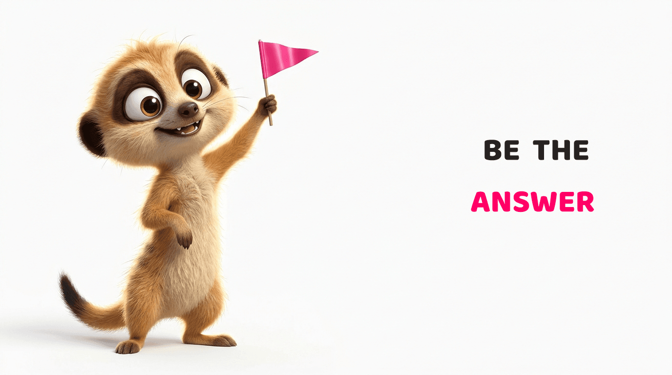 Karbon Copy character render of an eager meerkat raising a paw with a small pink flag, on answer engine optimisation for Hong Kong businesses in Chinese and English.
