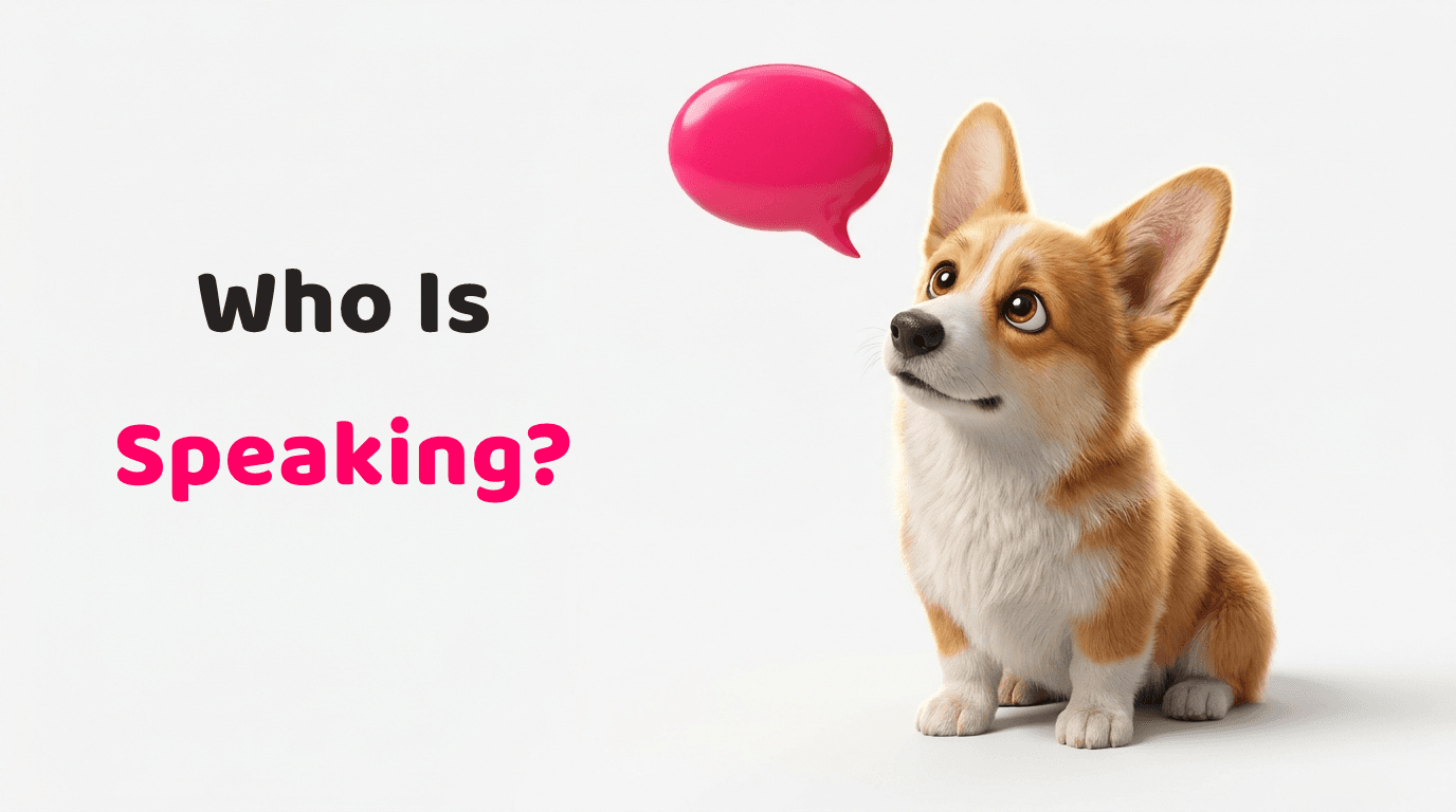 Karbon Copy photorealistic render of an attentive corgi tilting its head beside a single bright pink speech bubble, on brand voice for a bilingual copywriting agency.