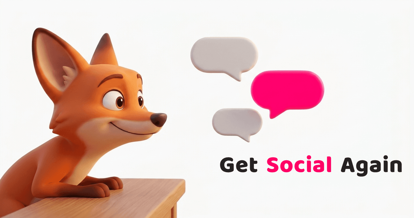 Karbon Copy illustration of a friendly fox character leaning in to reply, beside a cluster of chat bubbles with one glowing bright pink.