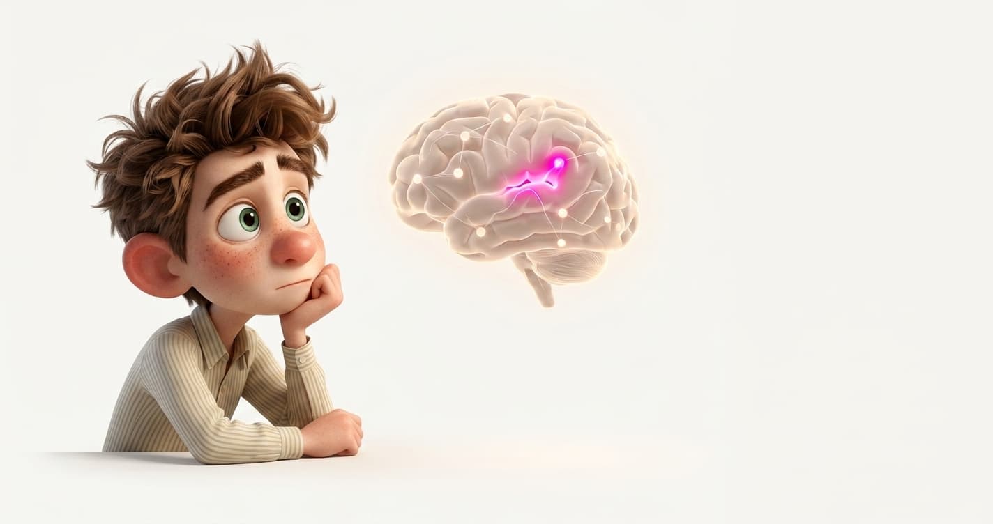 Karbon Copy illustration of a thoughtful boy resting his chin on his hand, gazing at a softly glowing brain with a single bright pink neural spark.