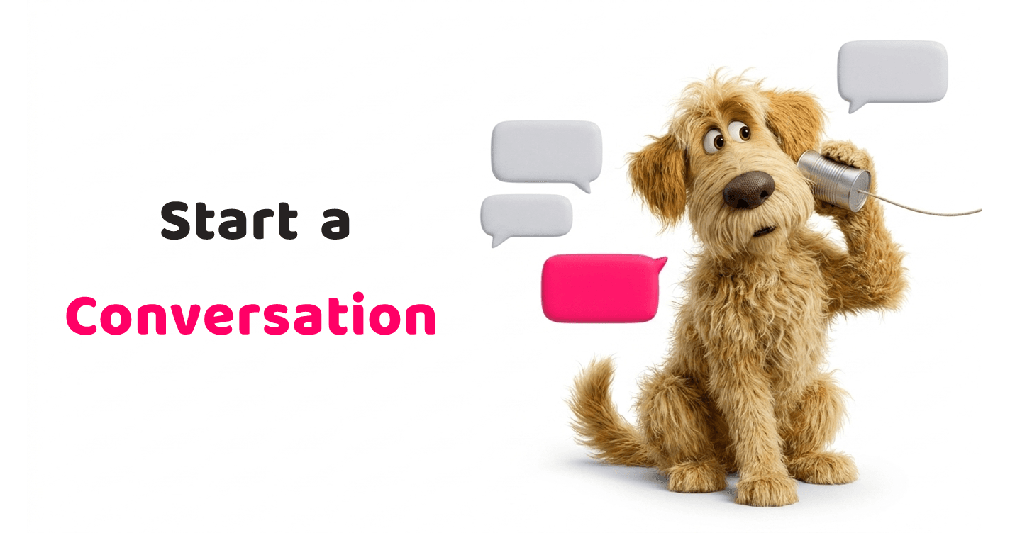 Karbon Copy illustration of a shaggy golden retriever holding a paper-cup-and-string tin-can telephone to its ear beside floating chat bubbles, one bright pink.
