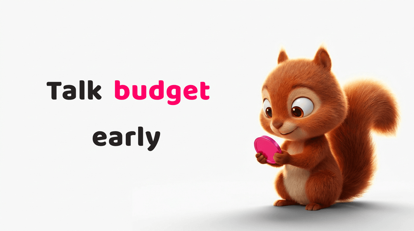 Karbon Copy character render of a wide-eyed squirrel examining a single pink coin, on how a Hong Kong business should raise budget early in a proposal or pitch deck.