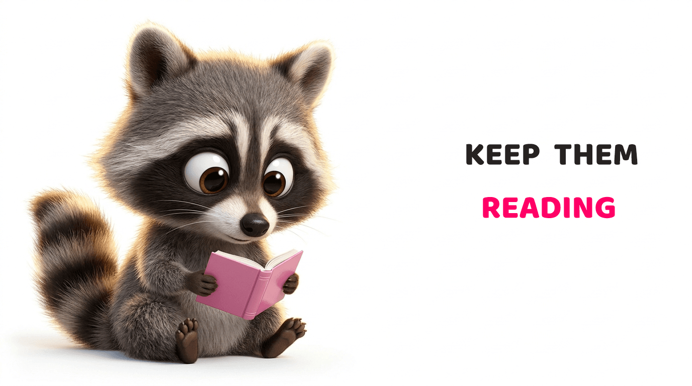 Karbon Copy character render of a wide-eyed raccoon absorbed in a small pink book, on how a Hong Kong copywriter writes copy that is read to the end.